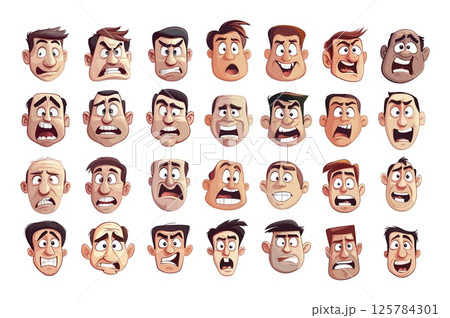 Worried frightened people avatars cartoon vector set. Nervous tense male anxious heads, doubtful confused concerned uneasy characters apprehensive persons, isolated illustrations on white 125784301