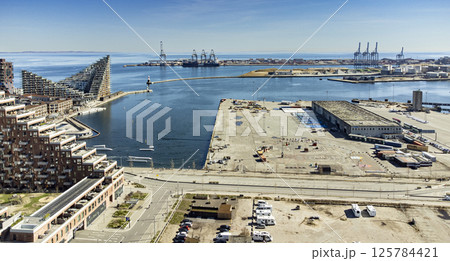 Aarhus harbour area with the cargo piers in the background Aarhus harbour area with the cargo piers in the background 125784421