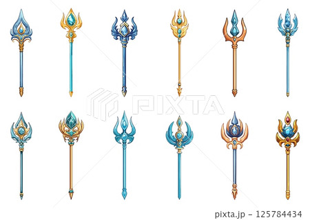 Poseidon trident set. Neptune power tool decoreted with gem stones. Myth marine king weapon. Fantasy titan spear sharp harpoon. Cartoon style isolated vector clipart collection 125784434