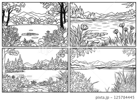 Outlined landscape of nature horizontal backgrounds. Coloring page for kids and adults with forest lake flowers foliage grass. Wild environment contour monochrome graphic. Vector illustration 125784445