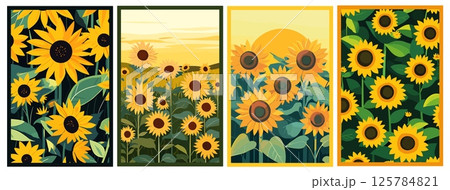 Sunflower field vertical posters set. Nature summer spring flower background pattern. Sunlight blossom good mood vibes. Cartoon style vector illustration 125784821
