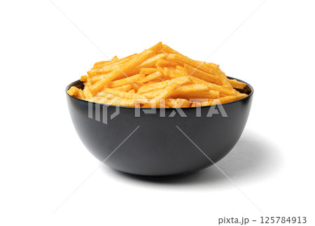 Fried chips sticks isolated, finger potato chips, golden shoestring fries pile, French fries 125784913