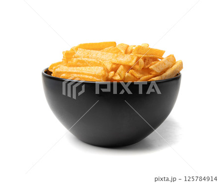Fried chips sticks isolated, finger potato chips, golden shoestring fries pile, French fries 125784914
