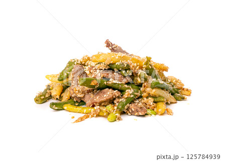 Stir Frying Beef with Green String Beans Isolated, Fried French Beans with Meat on White 125784939