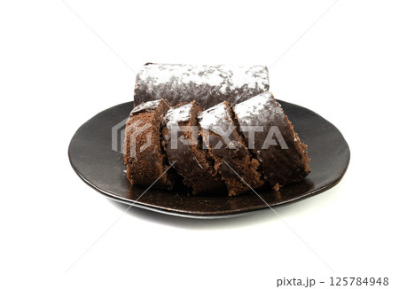 Chocolate Swiss Roll, Round Sponge Cake Isolated, Sliced Rolled Vanilla Biscuit with Cocoa Cream Filling 125784948