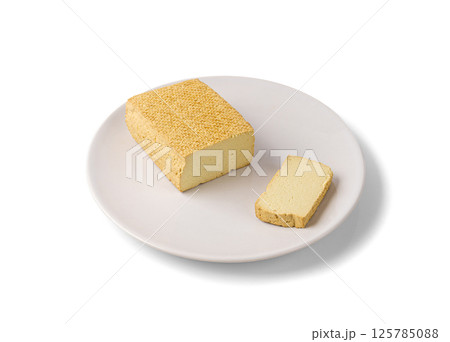 Tofu Cheese Isolated, Smoked Vegan Cheese Slice, Sliced Soya Bean Curd, Soy Protein or TSP 125785088