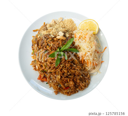 Pad thai or phad tha asian noodles closeup. Chinese rice pasta, phat thai with meat, noodles 125785156
