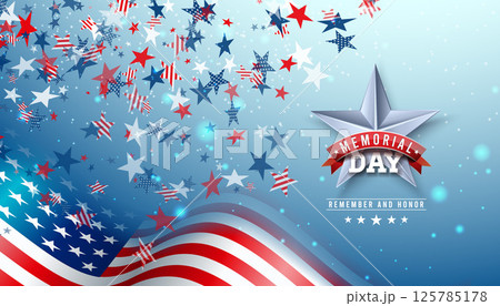 Memorial Day of the USA Vector Illustration with American Flag on Falling Colorful Star Background. National Veteran Patriotic Celebration Design with Typography Lettering for Banner, Flyer, Greeting 125785178