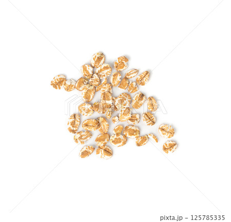 Spelt flakes isolated, dry raw rolled flat oat grains, wheat, oatmeal or bran, barley rye cereals 125785335