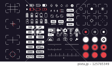 Camera interface. Smartphone camera UI icons. Mobile phone viewfinder, photo settings. Tablets digital cameras, photography apps, mobile video accessories. Vector cellphone symbols 125785349