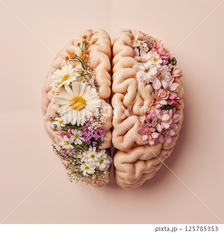 Illustration of human brain decorated with flowers. 125785353