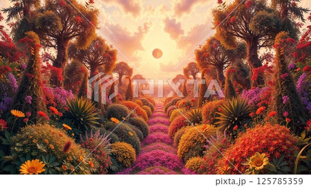 Illustration of surreal location with beautiful panoramic garden with fantasy trees and flowers 125785359