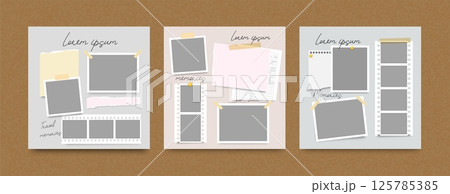Empty photo frames. Blank frame collage. Memories creativity mood board. Minimalist photo frame with notice, paper sheet, pin and tape. Digital scrapbook wall. Vector set 125785385