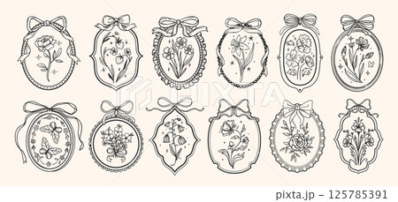 Vintage frame with bow. Coquette border with flower. Hand drawn coquettish ribbon with elegant girly elements. Retro flowers, bows, floral accessory. Vector decor set Vintage frame with bow. Coquette border with flower. Hand drawn coquettish ribbon with elegant girly elements. Retro flowers, bows, floral accessory. Vector decor set 125785391