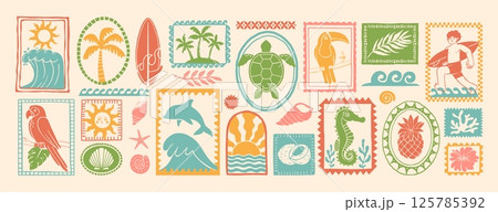 Summer shapes elements. Cartoon Hawaii tropic exotic paradise frames with animal, bird, flower, surf, people, palm tree. Ethnic collage with stamps. Vector set Summer shapes elements. Cartoon Hawaii tropic exotic paradise frames with animal, bird, flower, surf, people, palm tree. Ethnic collage with stamps. Vector set 125785392