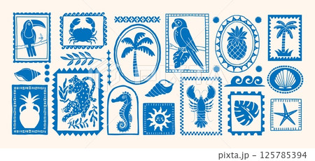 Tropical summer elements. Hand drawn exotic shape stickers. Retro abstract jungle palm, wild bird, shells, leopard, fruit. Silhouette stamp, frame. Vector set Tropical summer elements. Hand drawn exotic shape stickers. Retro abstract jungle palm, wild bird, shells, leopard, fruit. Silhouette stamp, frame. Vector set 125785394