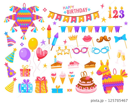 Birthday party elements. Holiday celebrating with decoration. Festive decorative kids accessories stickers. Cute gifts, balloons, dessert, flags, candle. Event objects. Vector set Birthday party elements. Holiday celebrating with decoration. Festive decorative kids accessories stickers. Cute gifts, balloons, dessert, flags, candle. Event objects. Vector set 125785467