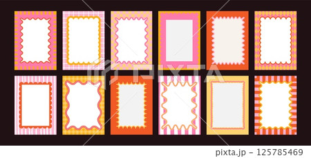 Doodle wavy frames. Geometric curvy edges border. Curved frame with wave, squiggly shapes. Hand drawn pattern square box for poster, invitation cards. Vector colorful set Doodle wavy frames. Geometric curvy edges border. Curved frame with wave, squiggly shapes. Hand drawn pattern square box for poster, invitation cards. Vector colorful set 125785469