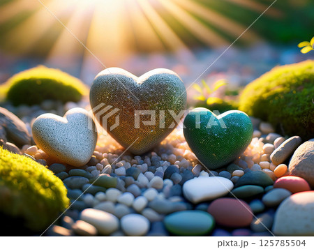 Three heart shaped stones in soft white, earthy green, and natural tones rest on colorful pebbles surrounded by moss, bathed in golden rays of sunlight, symbolizing love, peace, and natural beauty. 125785504