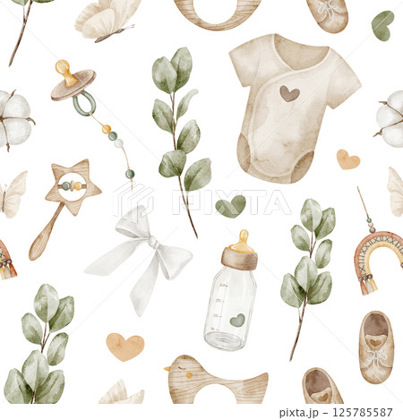 Seamless watercolor pattern with Infant clothing, eucalyptus leaves, hearts, ribbons, and toys. Illustration of backdrop with bottle and pacifier for Baby shower design or childish wrapping paper Seamless watercolor pattern with Infant clothing, eucalyptus leaves, hearts, ribbons, and toys. Illustration of backdrop with bottle and pacifier for Baby shower design or childish wrapping paper 125785587