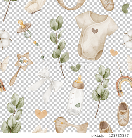 Seamless watercolor pattern with Infant clothing, eucalyptus leaves, hearts, ribbons, and toys. Illustration of backdrop with bottle and pacifier for Baby shower design or childish wrapping paper 125785587
