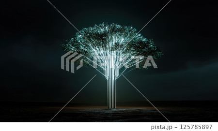 Illuminated Tree with Glowing Branches in a Dark Mystical Landscape 125785897