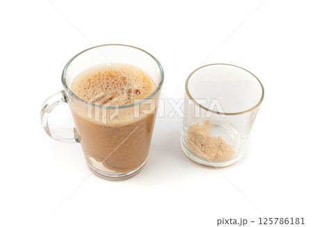 Maca powder drink isolated, dry Peruvian ginseng beverage, powder in water, ground ayak willku tea Maca powder drink isolated, dry Peruvian ginseng beverage, powder in water, ground ayak willku tea 125786181