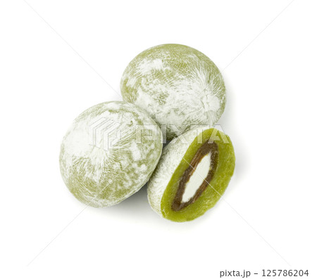 Matcha mochi rice cake, green tea daifuku, Japanese traditional dessert, round wagashi Matcha mochi rice cake, green tea daifuku, Japanese traditional dessert, round wagashi 125786204