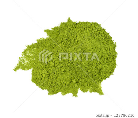 Matcha powder isolated, green tea dust pile, spirulina flour, powdered chlorella, dry extract 125786210