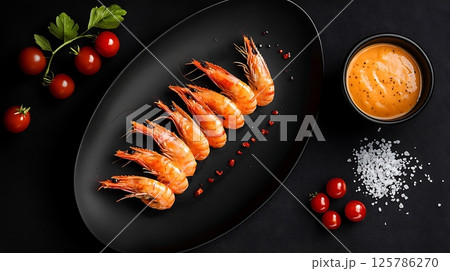 Succulent Grilled Prawns Served with Sauce and Cherry Tomatoes 125786270