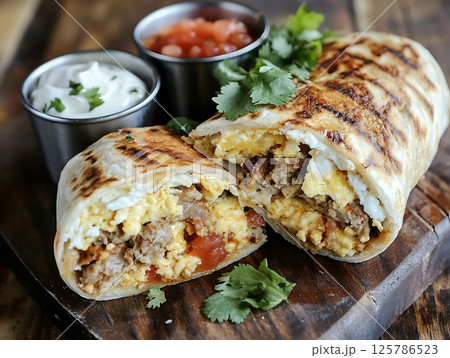 Delicious Breakfast Burrito with Eggs, Sausage, and Fresh Cilantro 125786523