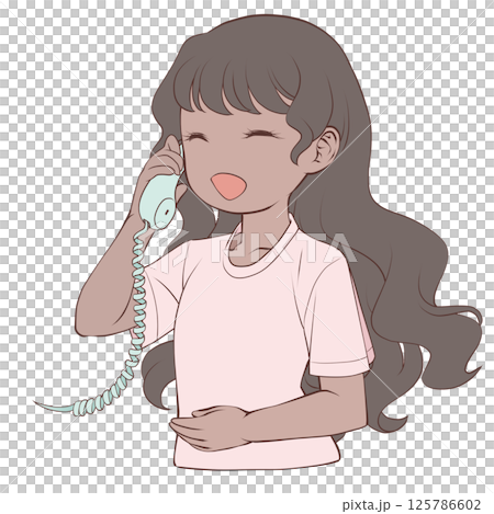 A young woman with dark skin talking on a phone, smiling 125786602