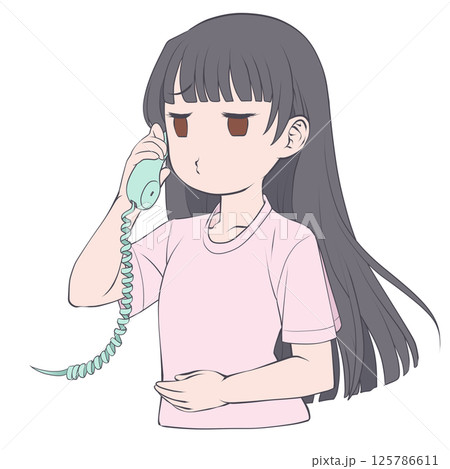 受話器を持って話す黒髪の若い女性・むくれる 125786611