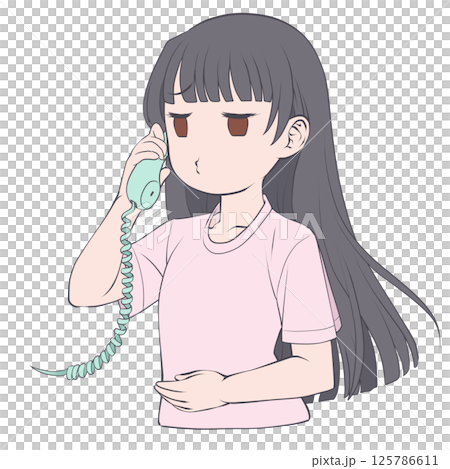 受話器を持って話す黒髪の若い女性・むくれる 125786611