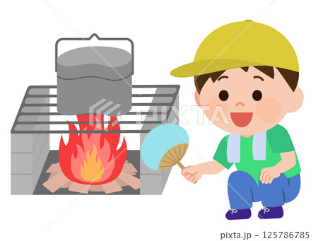 飯盒炊爨をする男の子　イラスト 125786785