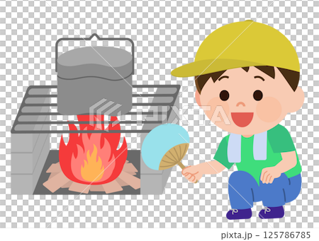 飯盒炊爨をする男の子　イラスト 125786785