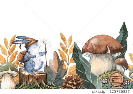 Watercolor autumn seamless border with cute rabbit, leaves, mushrooms, and twigs. Perfect for seasonal greeting cards, wedding invitations, prints. Hand-painted on a white background Watercolor autumn seamless border with cute rabbit, leaves, mushrooms, and twigs. Perfect for seasonal greeting cards, wedding invitations, prints. Hand-painted on a white background 125786827