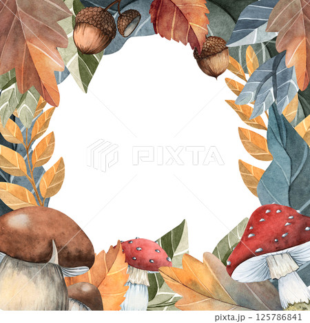 Watercolor autumn frame with leaves, mushrooms, and twigs. Perfect for seasonal greeting cards, wedding invitations, prints, and rustic designs. Hand-painted on a white background 125786841