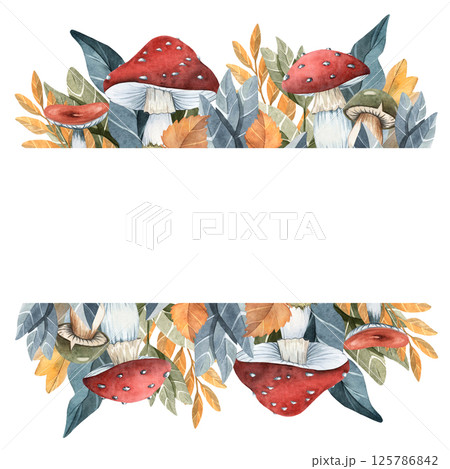 Watercolor autumn frame with leaves, mushrooms, and twigs. Perfect for seasonal greeting cards, wedding invitations, prints, and rustic designs. Hand-painted on a white background 125786842