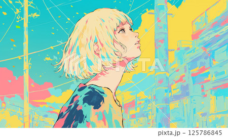 街で空を見上げる女性 125786845