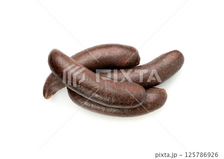 Black pudding isolated, blood sausage kaszanka, traditional Polish terrine, brawn sausages on white Black pudding isolated, blood sausage kaszanka, traditional Polish terrine, brawn sausages on white 125786926