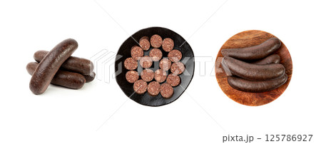 Black pudding isolated, blood sausage kaszanka, traditional Polish terrine, brawn sausages on white Black pudding isolated, blood sausage kaszanka, traditional Polish terrine, brawn sausages on white 125786927