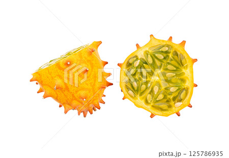 Kiwano cuts isolated, jelly melon halves, cucumis metuliferus, horned melon, african horned cucumber 125786935