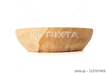 Empty wood bowl isolated, plate on white background, light rustic dish mockup 125787409