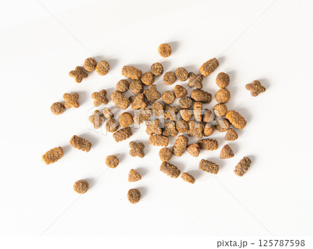 Dry pet food in sunlight, dog kibble pile, scattered puppy pellets, small canine protein croquette Dry pet food in sunlight, dog kibble pile, scattered puppy pellets, small canine protein croquette 125787598