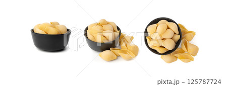 Raw conchiglioni pasta isolated. Dry conchiglie noodle in shell shape, big Italian macaroni Raw conchiglioni pasta isolated. Dry conchiglie noodle in shell shape, big Italian macaroni 125787724