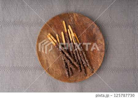 Chocolate cookie sticks, long choco pastries, japan biscuit tubes, korea cracker sticks 125787730