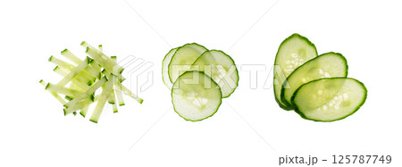 Cucumber cut isolated, cucumber round slices macro, green vegetable cuts for salad isolated, fresh pieces Cucumber cut isolated, cucumber round slices macro, green vegetable cuts for salad isolated, fresh pieces 125787749