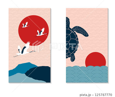 Decorative set of posters in animalistic oriental style. Turtle on the background of waves and red sun. Flying cranes over mountains. Textured background. Landscape. Vector illustration 125787770