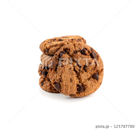 Chocolate chips cookies isolated, American biscuits, cocoa confectionery cake, sweet morsels bakery Chocolate chips cookies isolated, American biscuits, cocoa confectionery cake, sweet morsels bakery 125787780